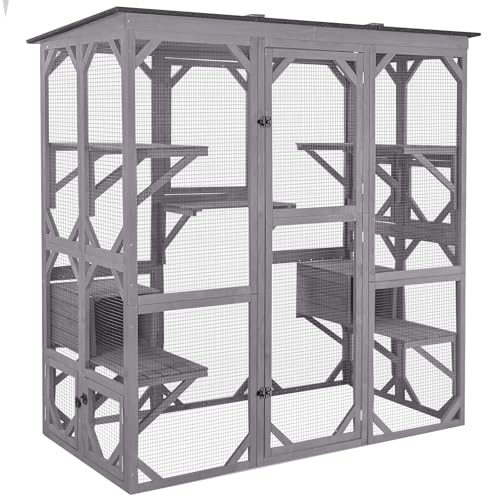 Cat House Outdoor Catio Kitty Enclosure with Wooden Cat Cage Condo Indoor Playpen with Platforms, 70 Inch H5237