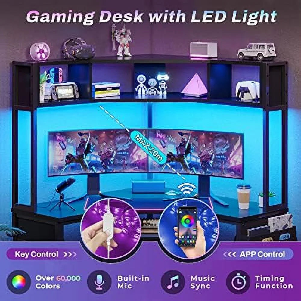 Rust Corner Desk with Hutch & LED Lights U3272