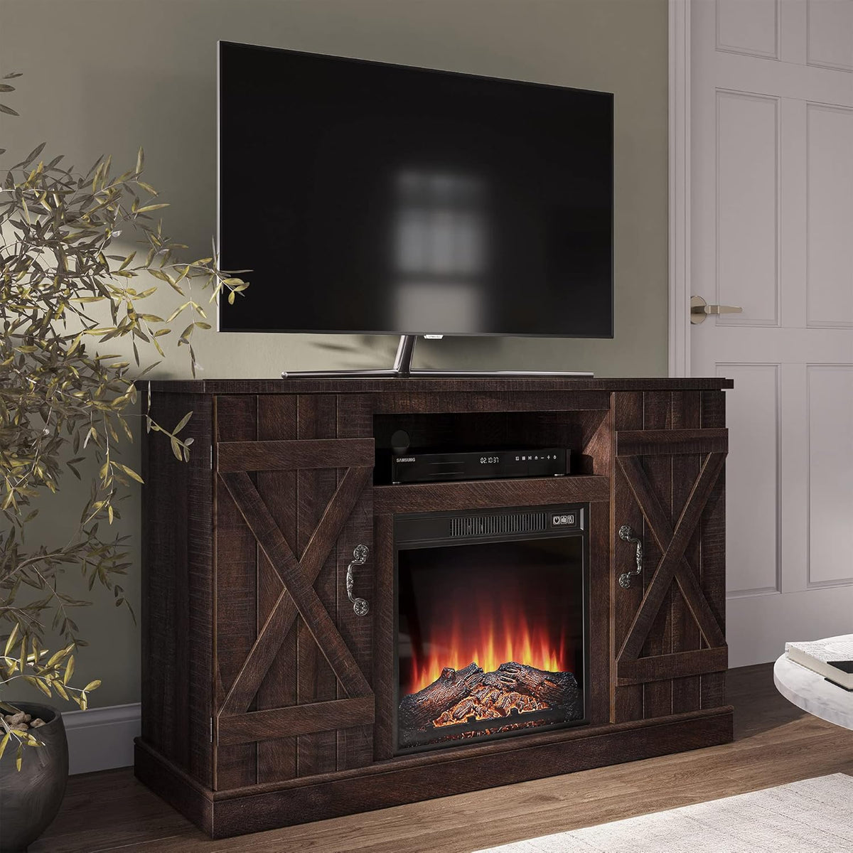 Industrial Electric Fireplace TV Stand with Open Storage Shelves J233