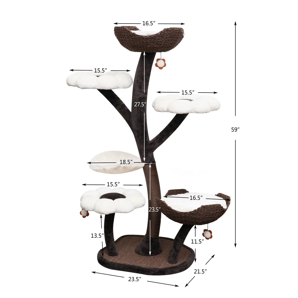 Natural Blossom Flower Woven Tree Branches Large Cat Tree 6-Level Cat Tower with Hammock Foam-Padded Perches Basket Y5236