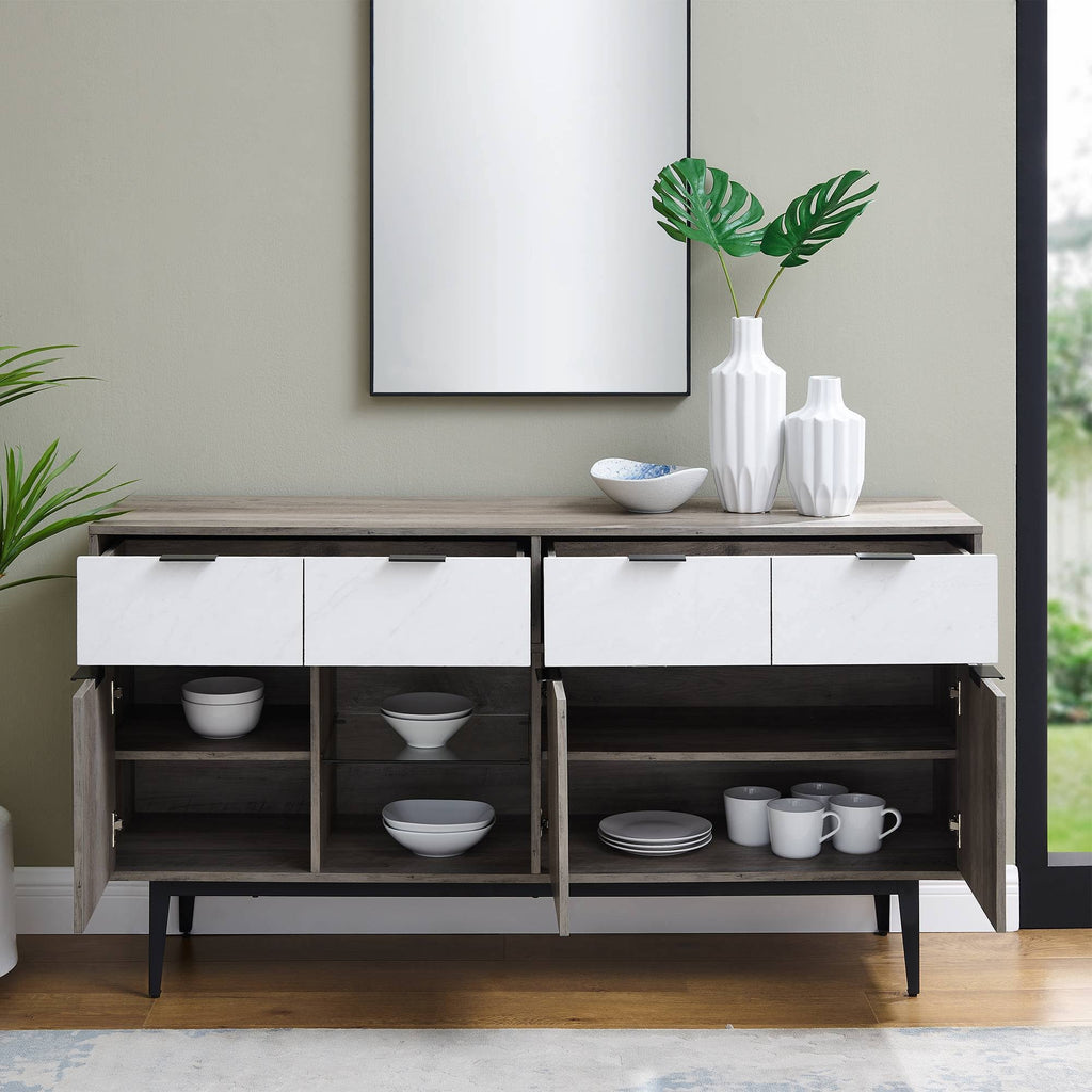 60x22 Asymmetrical 2 Drawer Sideboard Faux White Marble Gray Wash J789603