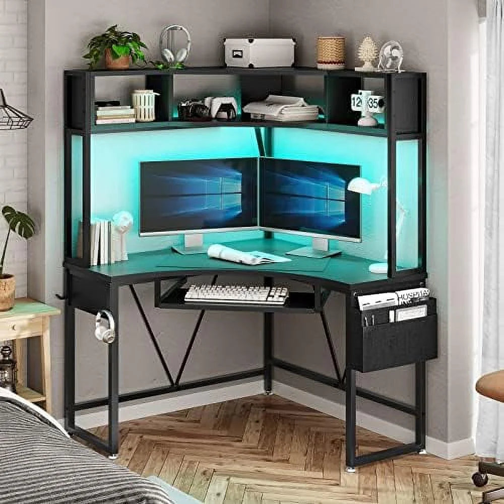 Rust Corner Desk with Hutch & LED Lights U3272