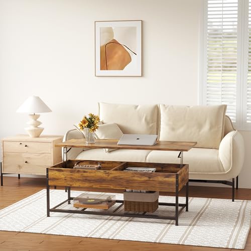 Rustic Brown Wooden Lift Top Coffee Table with Hidden Storage D70301
