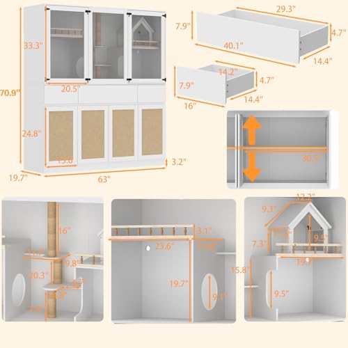 White Cat Litter Box Enclosure with Scratch Post, Stairs, Storage Drawers, Shelves, Sisal Doors E771