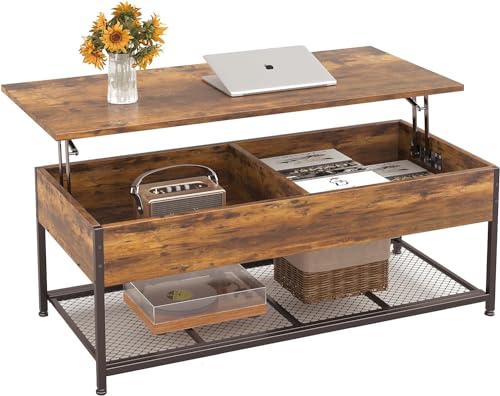 Rustic Brown Wooden Lift Top Coffee Table with Hidden Storage D70301