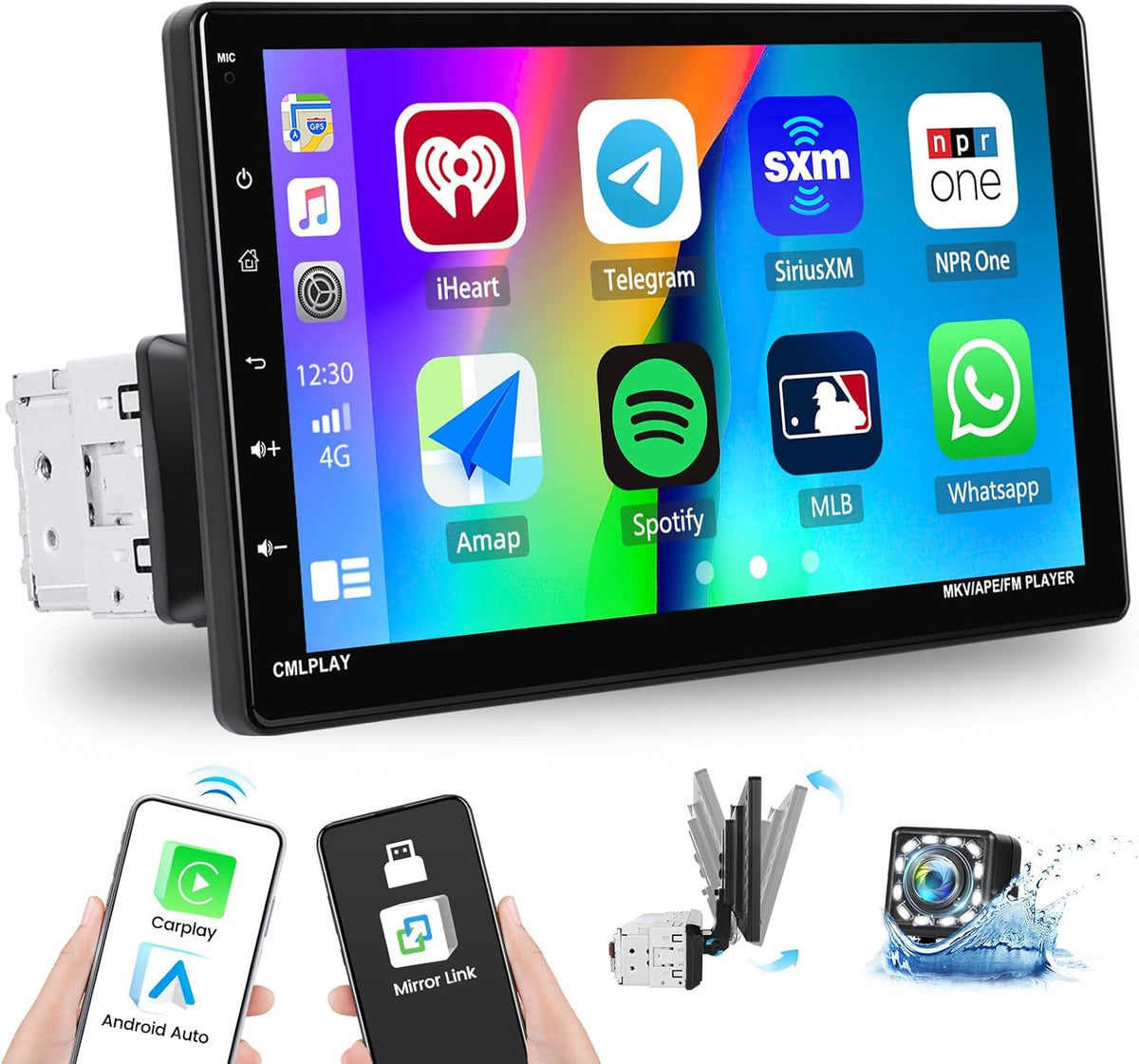 9 Inch Rotatable Touch Screen Single Din Car Stereo with Wireless Apple Carplay Android Auto Bluetooth Backup Camera N837398
