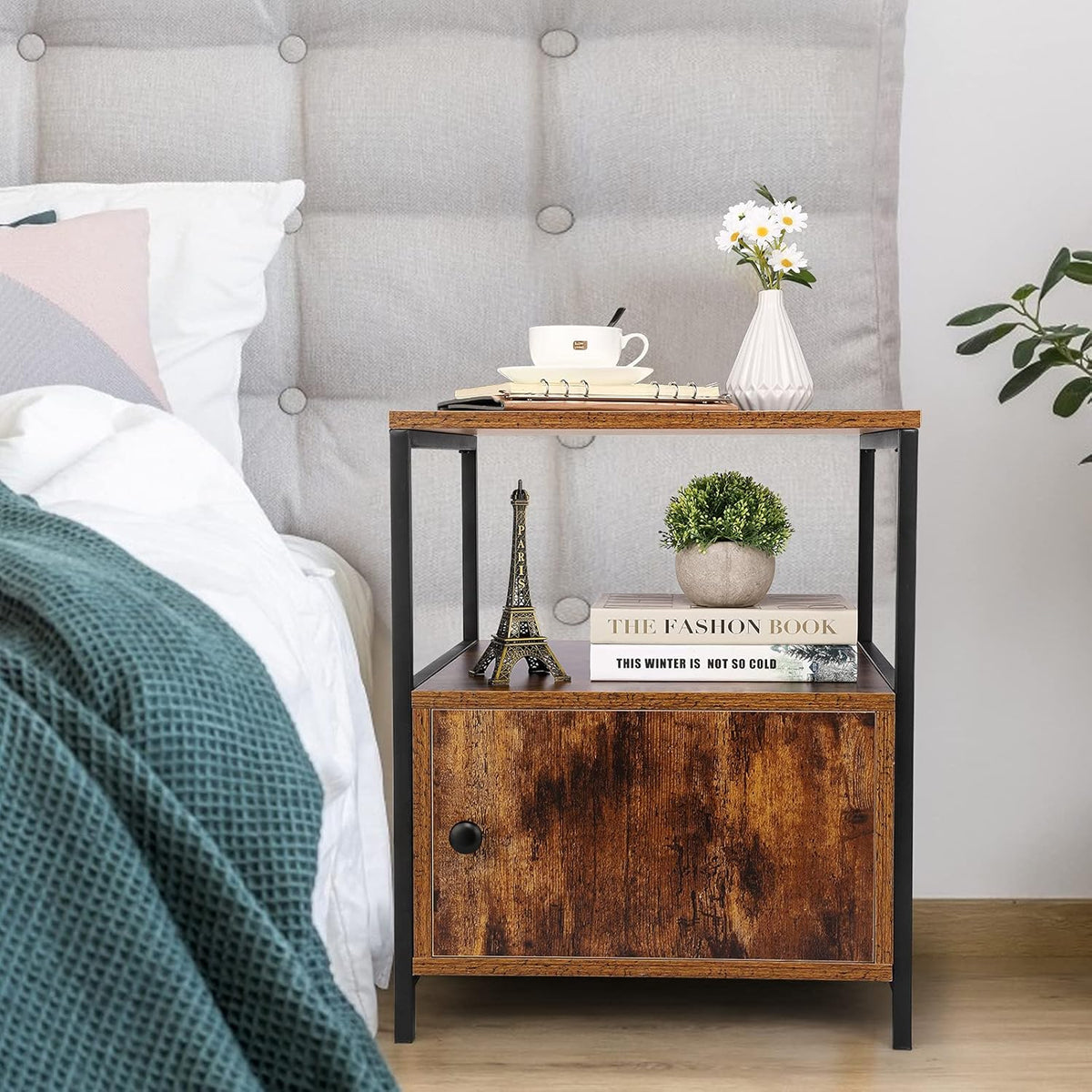 Black Wooden Nightstand with Storage Cabinet and Open Shelves G29837