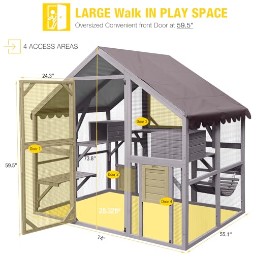 Cat House Outdoor Catio Kitty Enclosure with Wooden Cat Cage Condo Indoor Playpen with Platforms, 70 Inch H5237