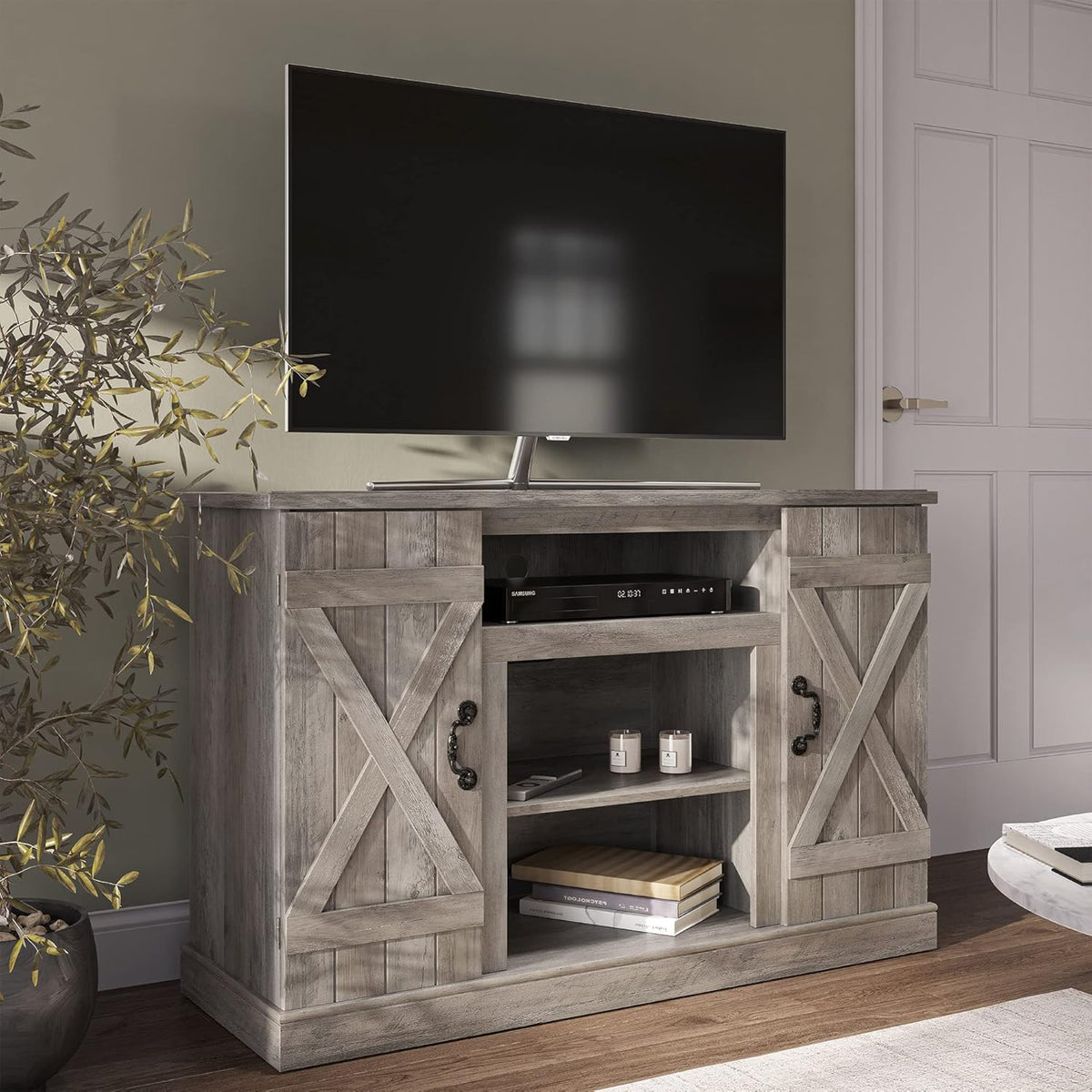 Industrial Electric Fireplace TV Stand with Open Storage Shelves J233