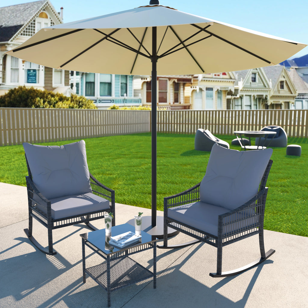 3-Piece Wicker Outdoor Rocking Chair Bistro Set with Table & Cushions N148710