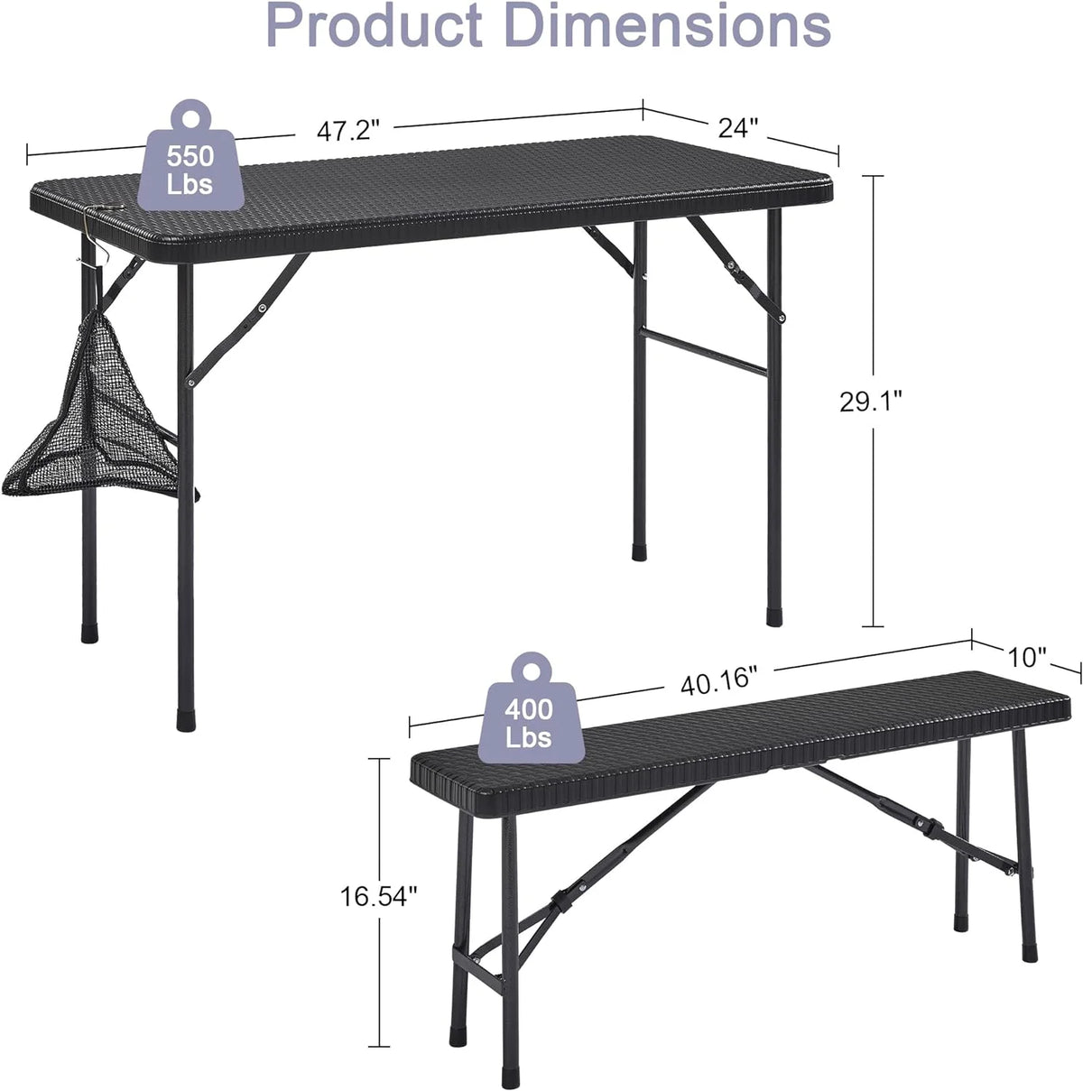 Black 3 Piece Folding Picnic Table with Benches A5738
