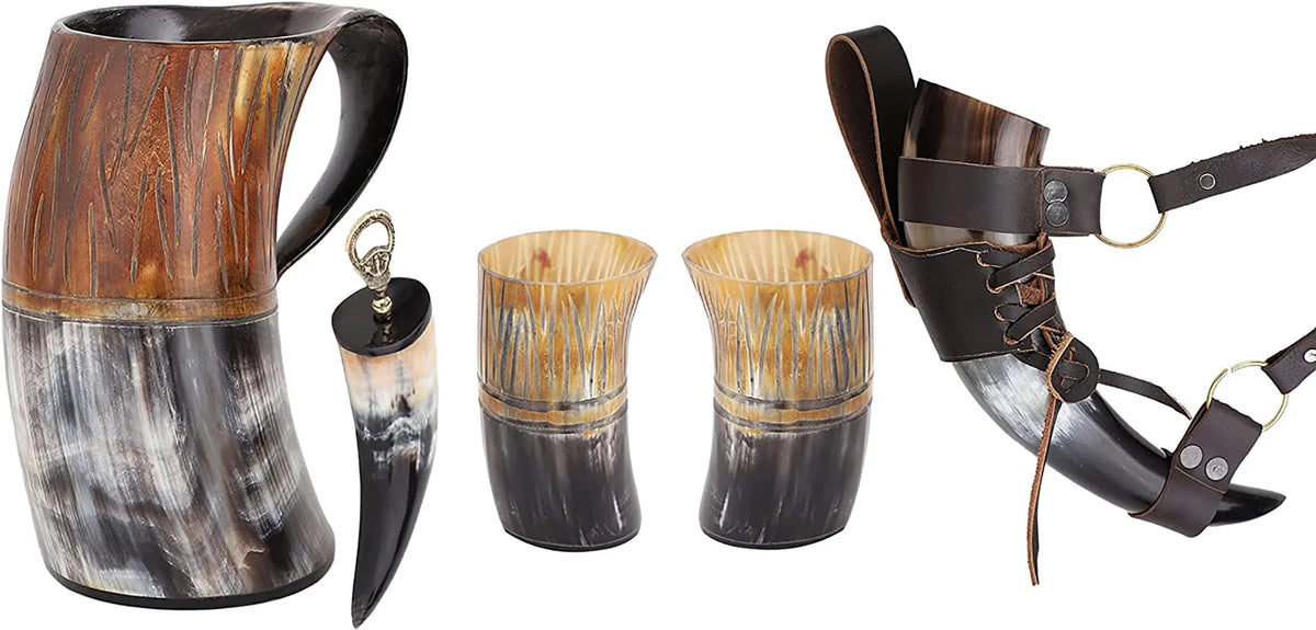 Handmade Natural Ox-Horn Drinking Horn Set with Belt Holster T39931