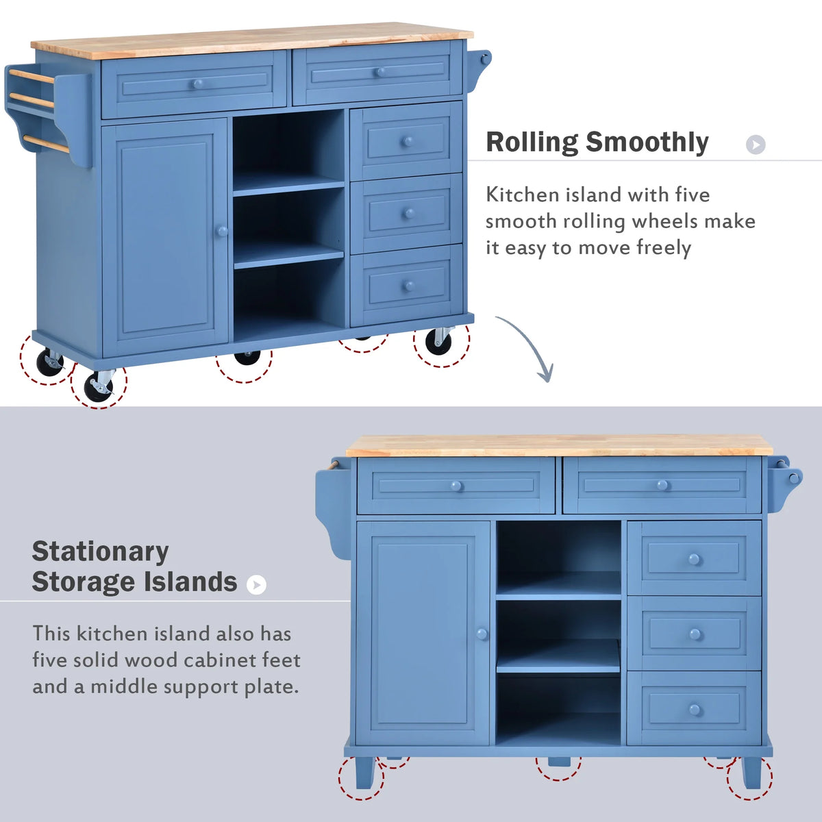 Mobile Kitchen Island Cart with Doors Drawers L9627
