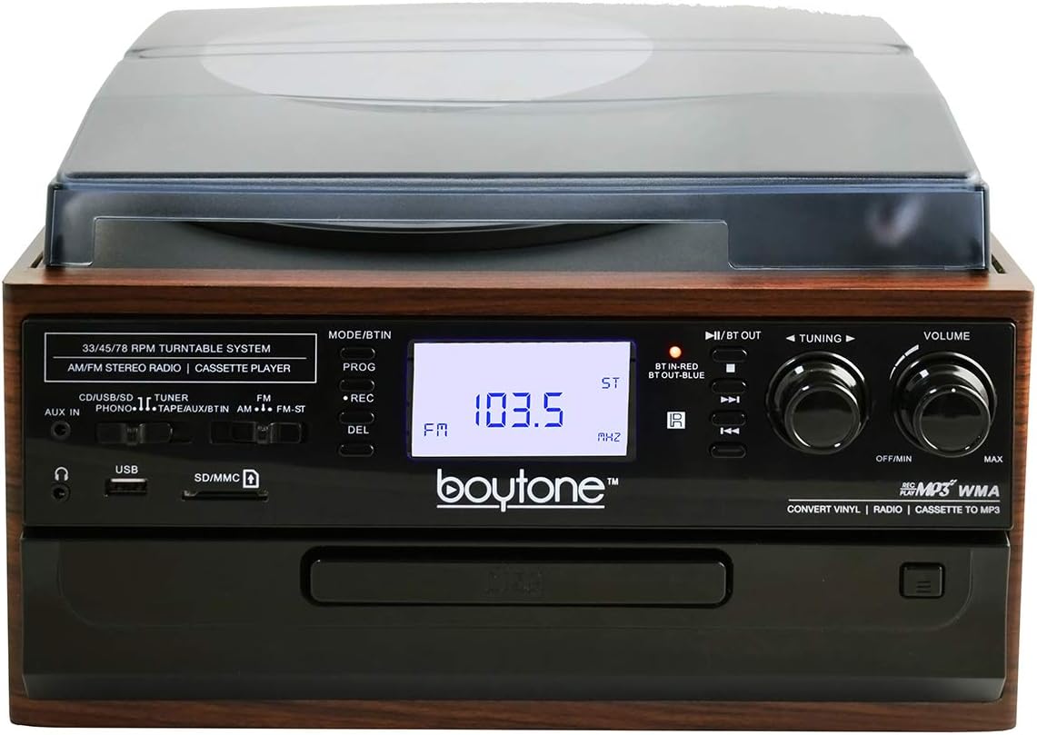 Bluetooth Record Player Turntable with AM/FM Radio, Cassette, CD Player, 2 Built in Speaker, SD Slot, USB, AUX A5560