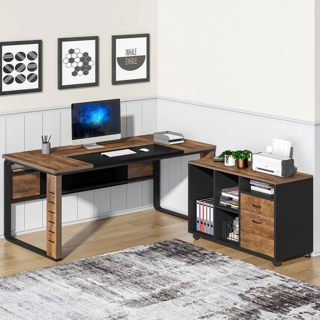 59 inch L-Shaped Computer Desk with File Cabinet P895