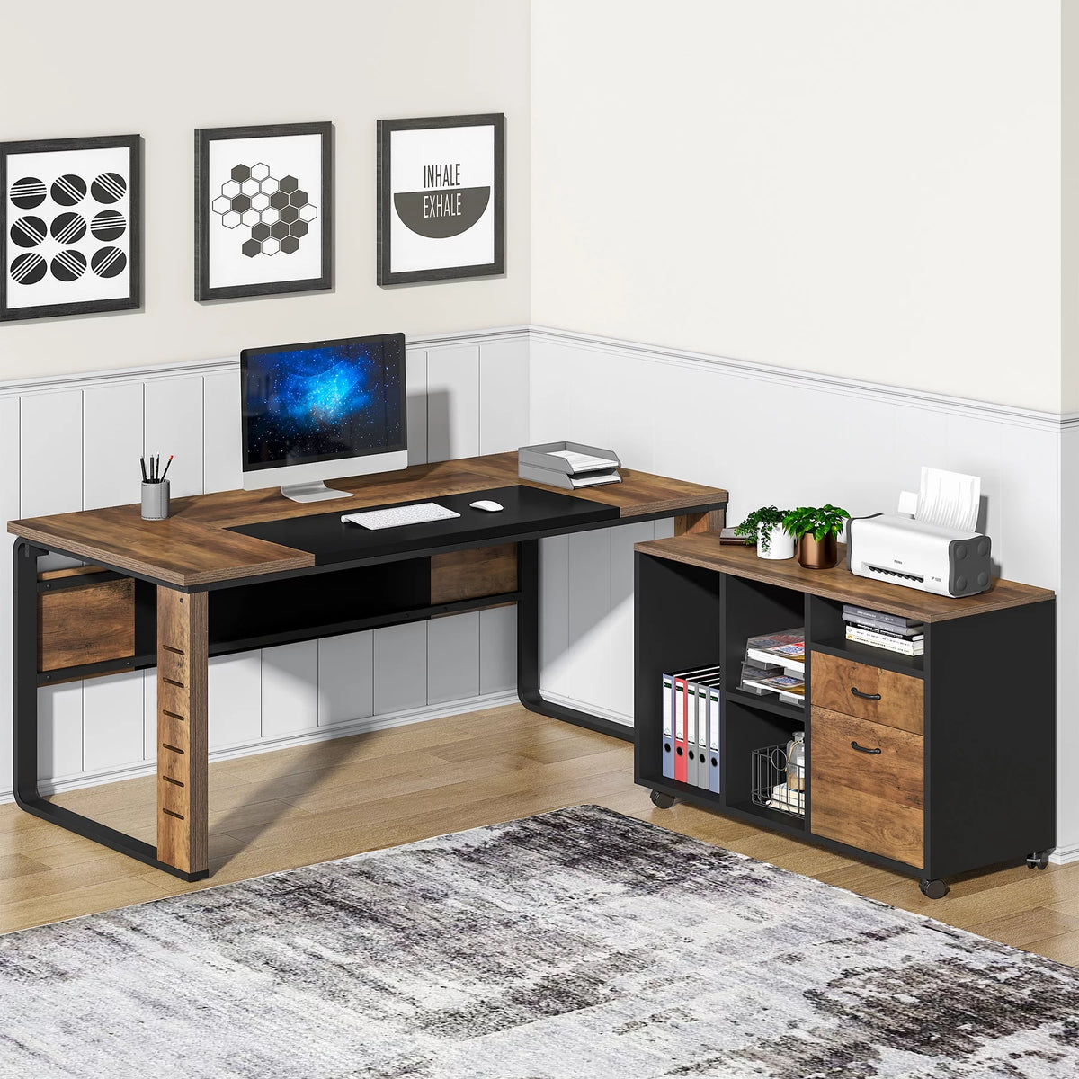 59 inch L-Shaped Computer Desk with File Cabinet P895