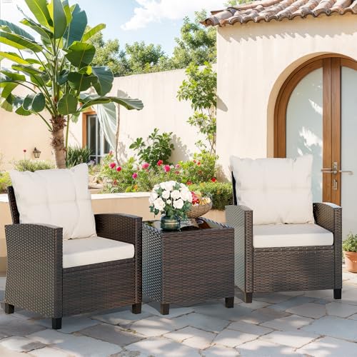 3 Piece Wicker Rattan Patio Furniture Set with Glass Table I2232