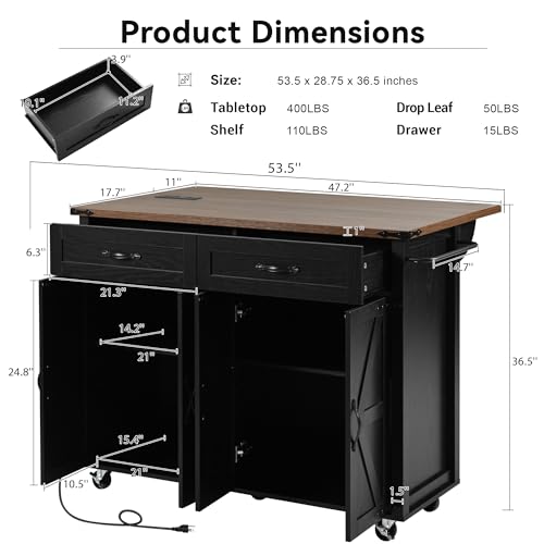 Rolling Kitchen Island with Power Outlet and Drop Leaf K68082