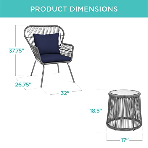 3-Piece All-Weather Wicker Patio Bistro Set with Cushions and Glass Top Side Table K6296