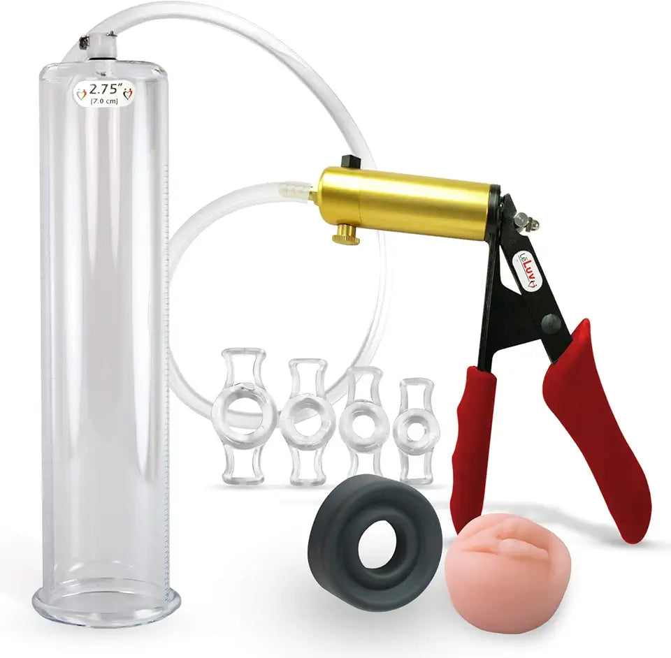 Penis Pump with Brass Chamber, Red Silicone Grips, Clear Hose, 12" x 2.75" Cylinder S34607