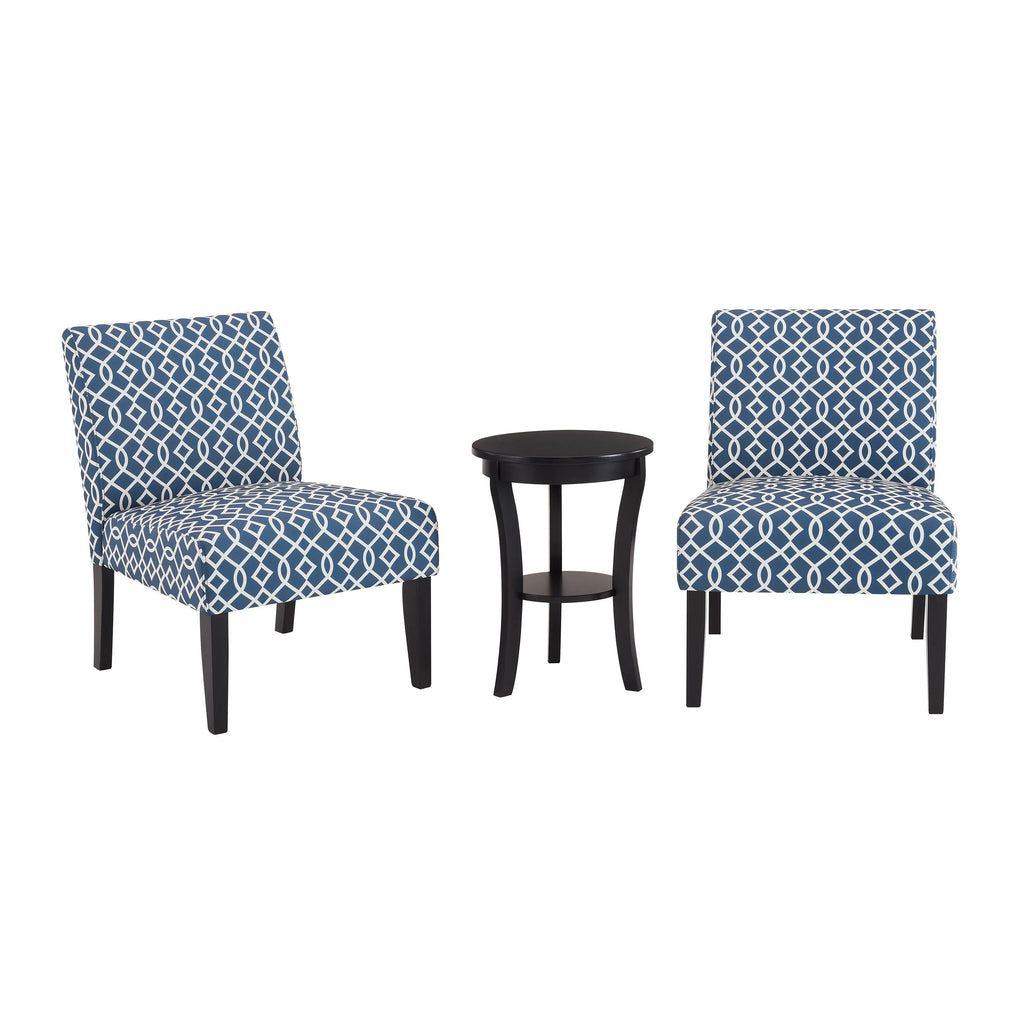 3pc Blue Fabric Upholstered Side Table and 2 Chairs A84778