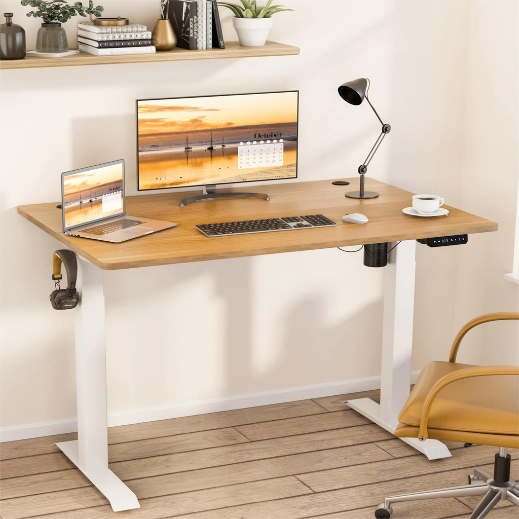 White Frame Maple Top Electric Height Adjustable Standing Desk D2613