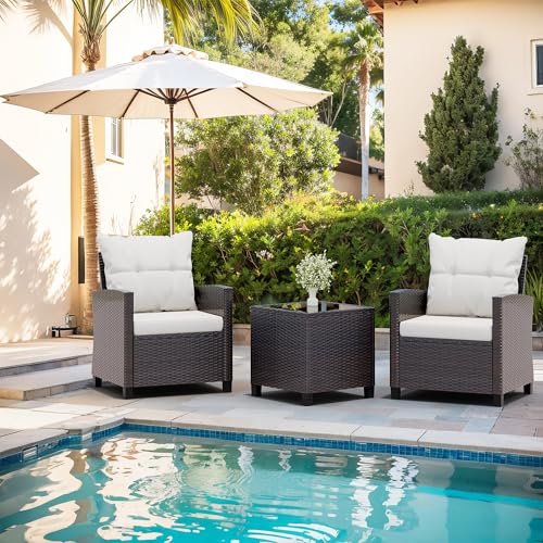 3 Piece Wicker Rattan Patio Furniture Set with Glass Table I2232
