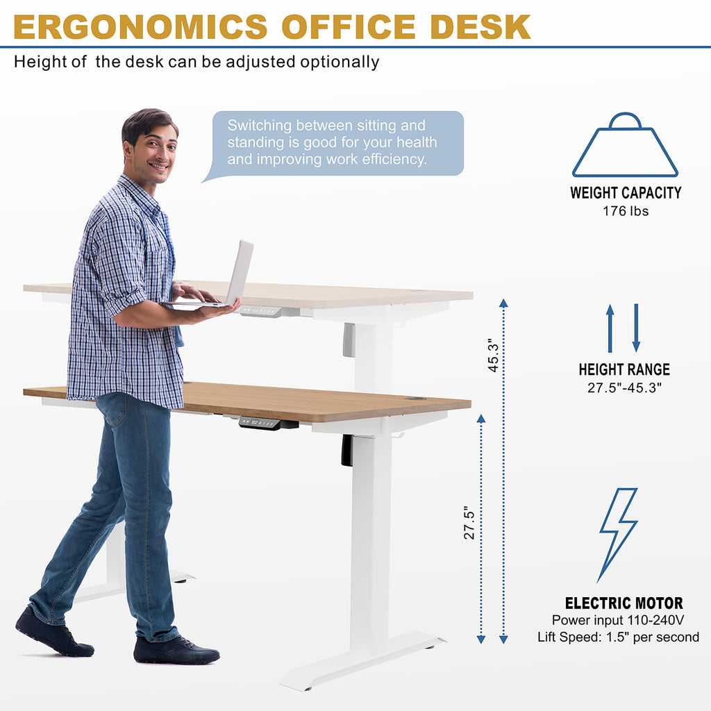 White Frame Maple Top Electric Height Adjustable Standing Desk D2613