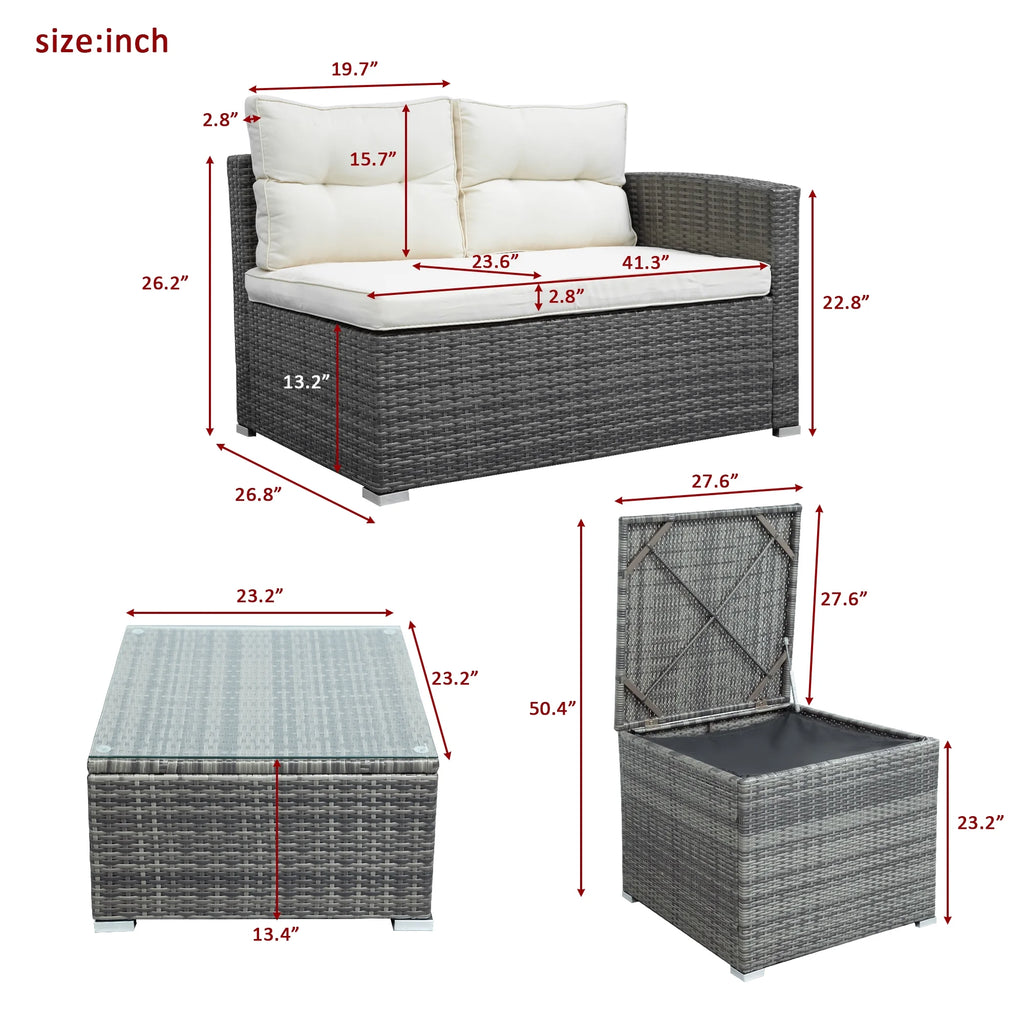 4 Piece Outdoor Rattan Sectional Sofa Set with Padded Cushions and Glass Dining Table C4322