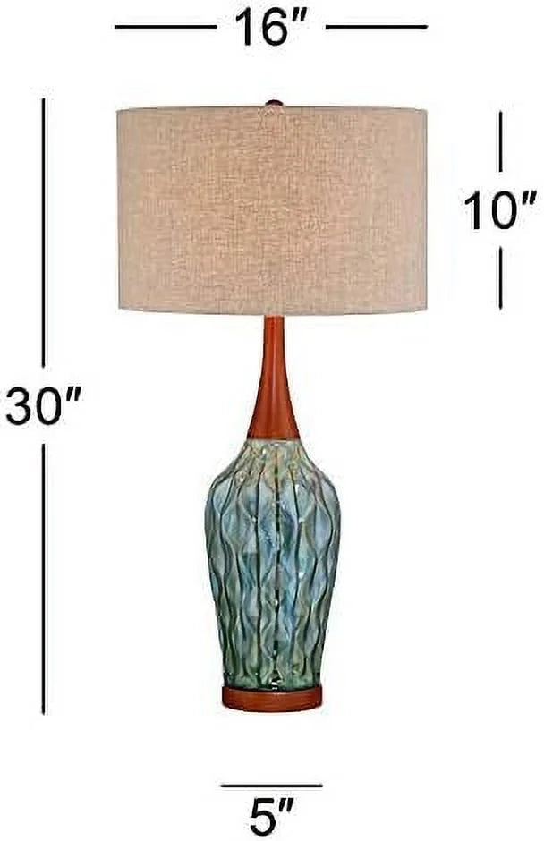 Mid Century Modern Table Lamp 30" Tall White Ceramic Wooden Neck Fabric Drum Shade S124