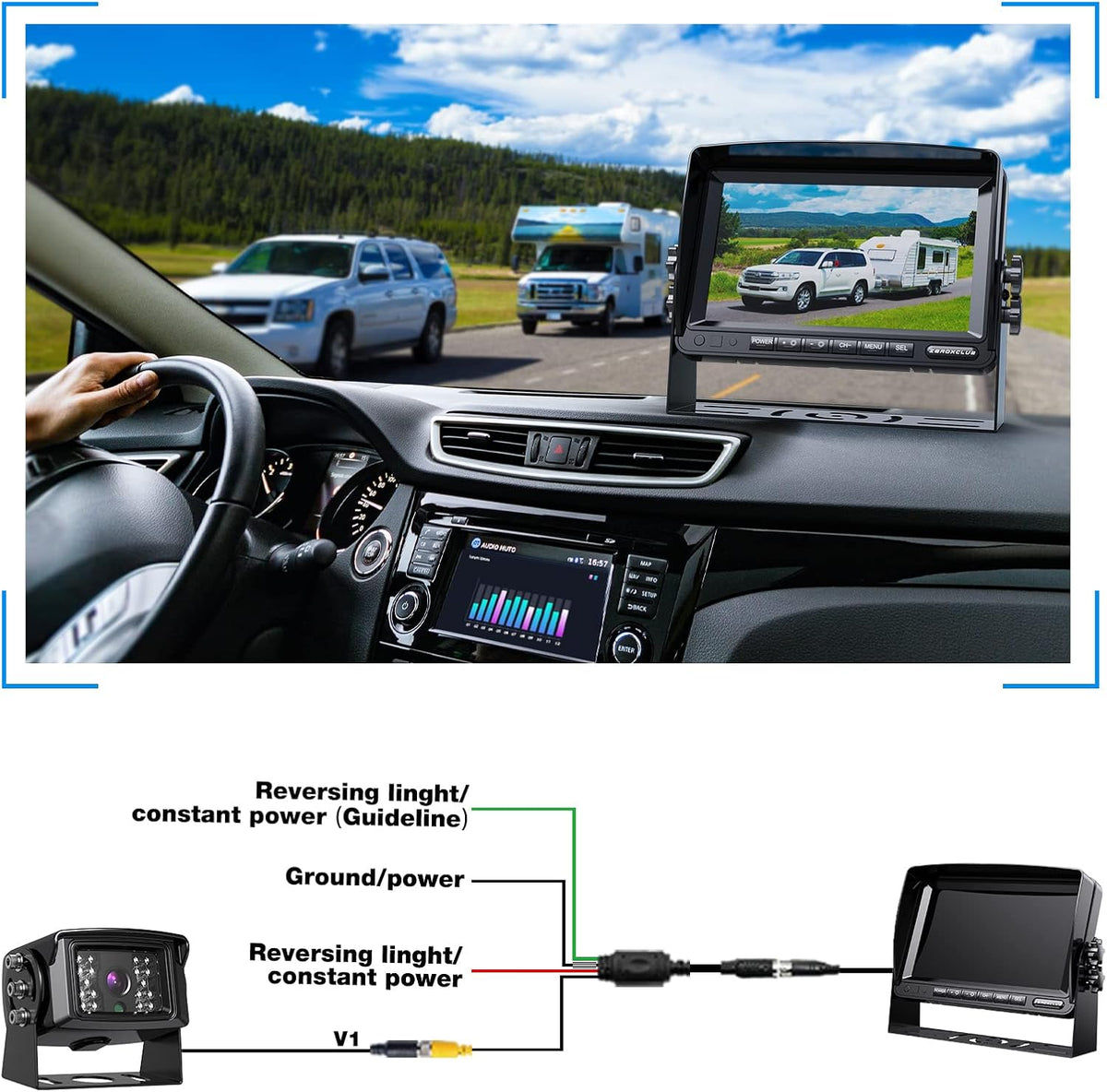 FHD 1080P Wired Backup Camera System 7 Inch Monitor IP69 Waterproof IR Night Vision Reversing Camera E474