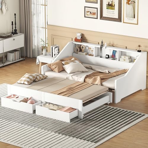 White Wood Twin to King Daybed with Trundle and Storage B2643