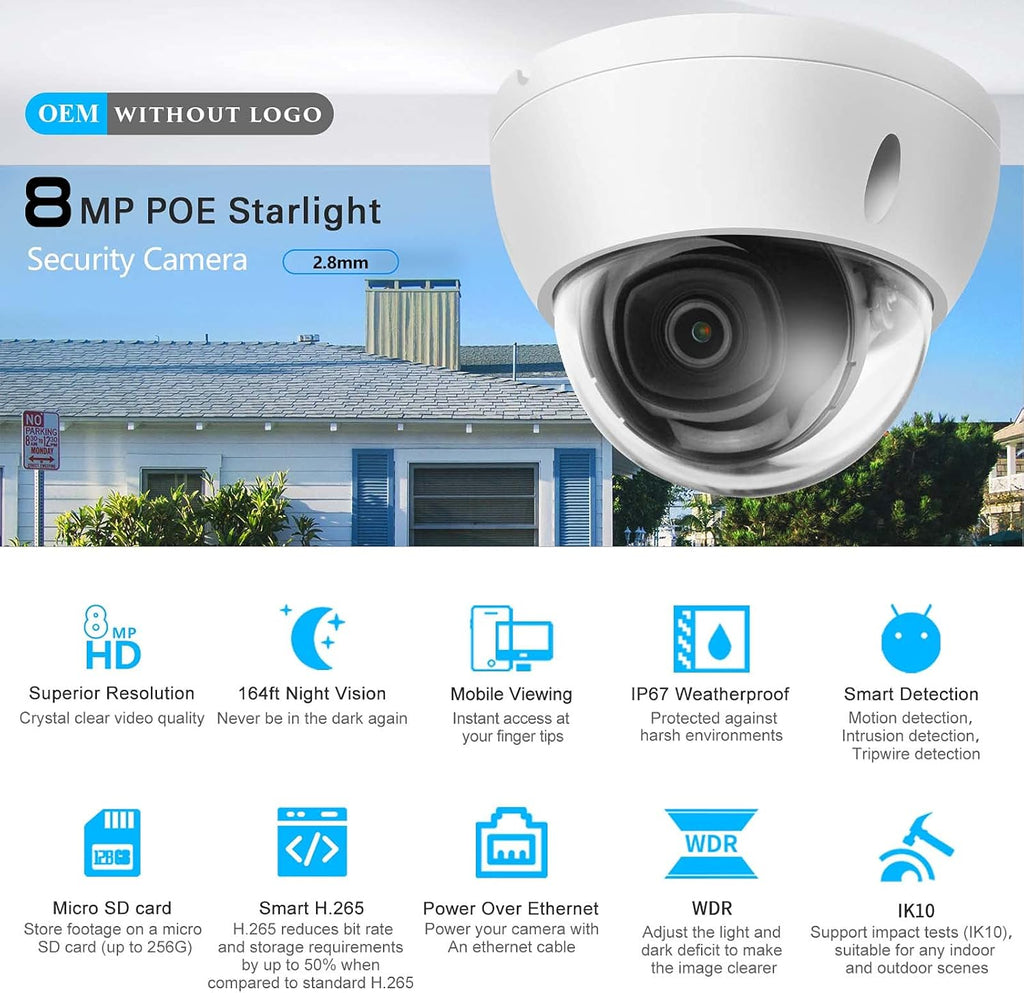 8MP Starlight POE IP Outdoor Dome Camera with 2.8mm Fixed Lens A853596