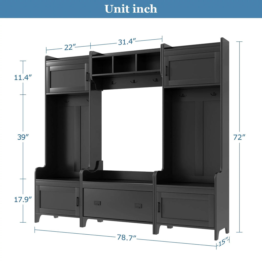 Black Hall Tree with Bench and Shoe Storage V1101
