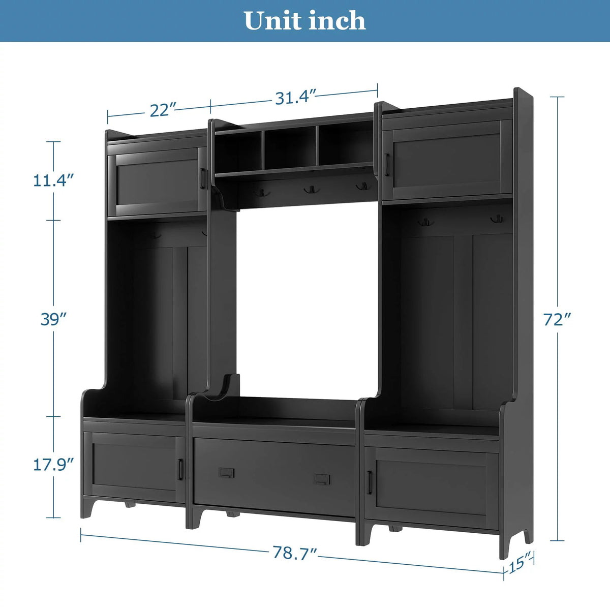 Black Hall Tree with Bench and Shoe Storage V1101