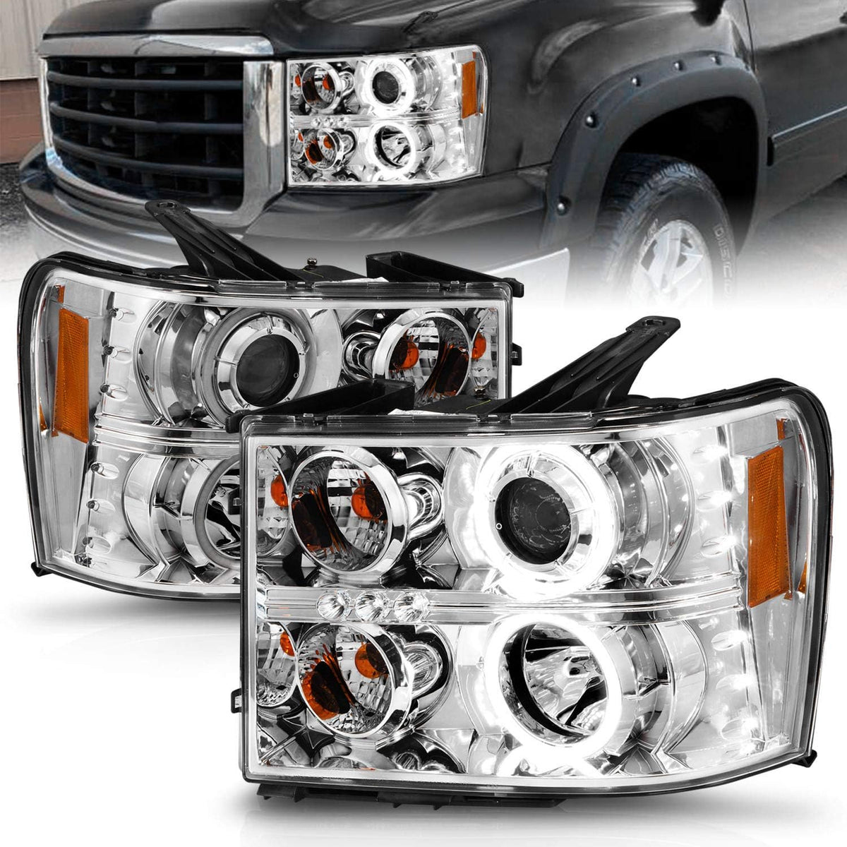 Black LED Tube Quad Projector Headlight Assembly Set B7206