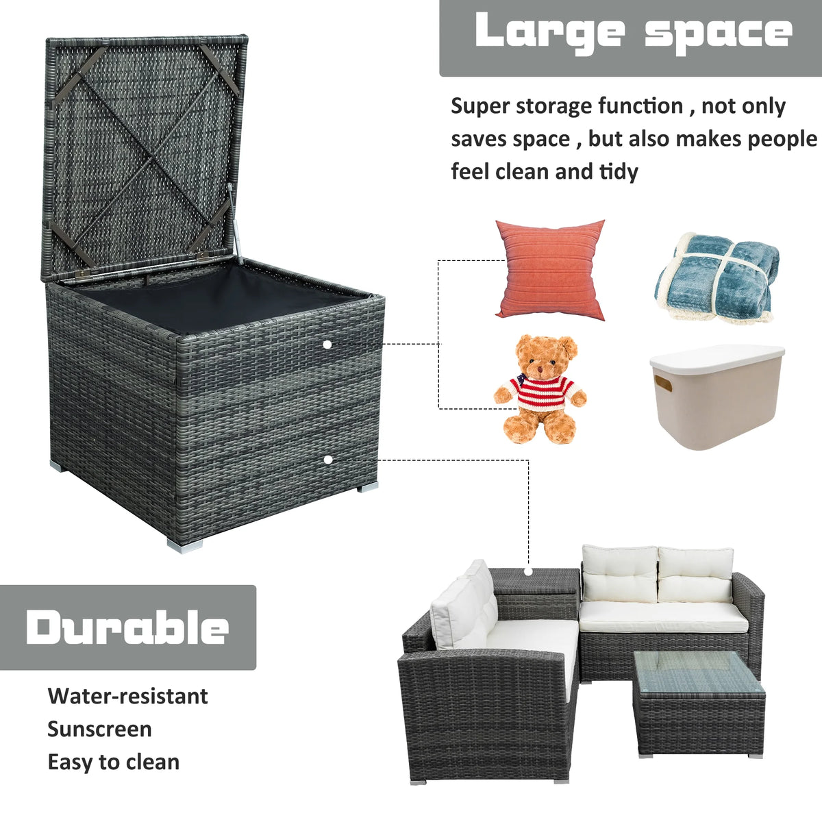 4 Piece Outdoor Rattan Sectional Sofa Set with Padded Cushions and Glass Dining Table C4322