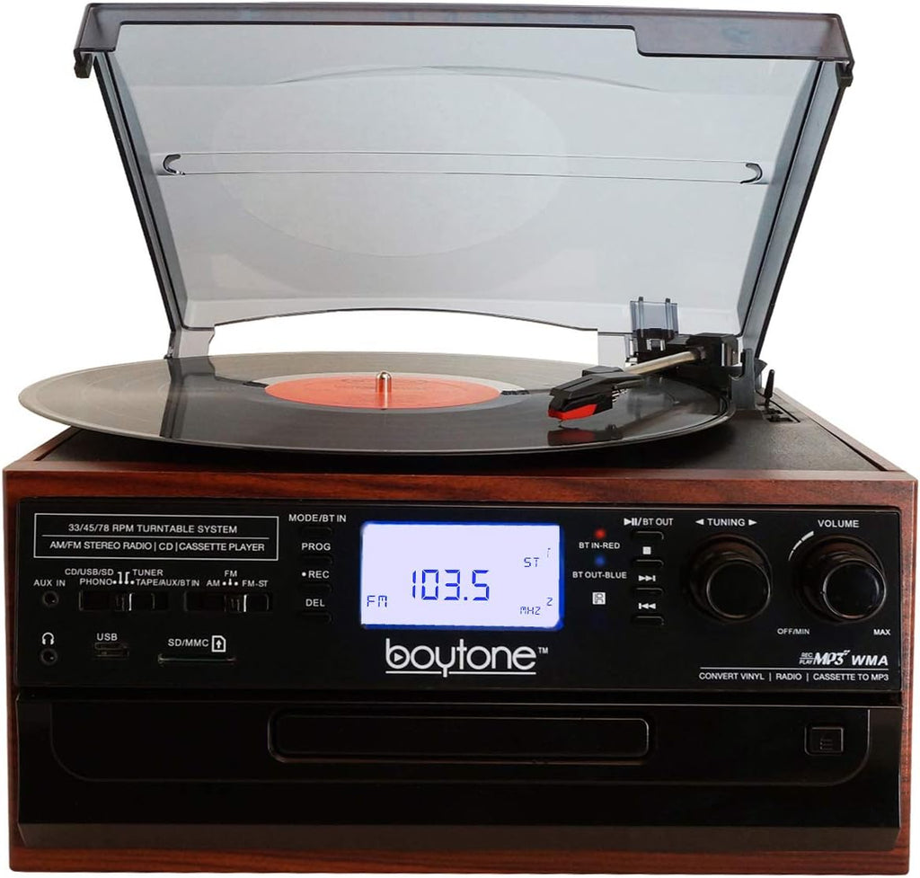 Bluetooth Record Player Turntable with AM/FM Radio, Cassette, CD Player, 2 Built in Speaker, SD Slot, USB, AUX A5560