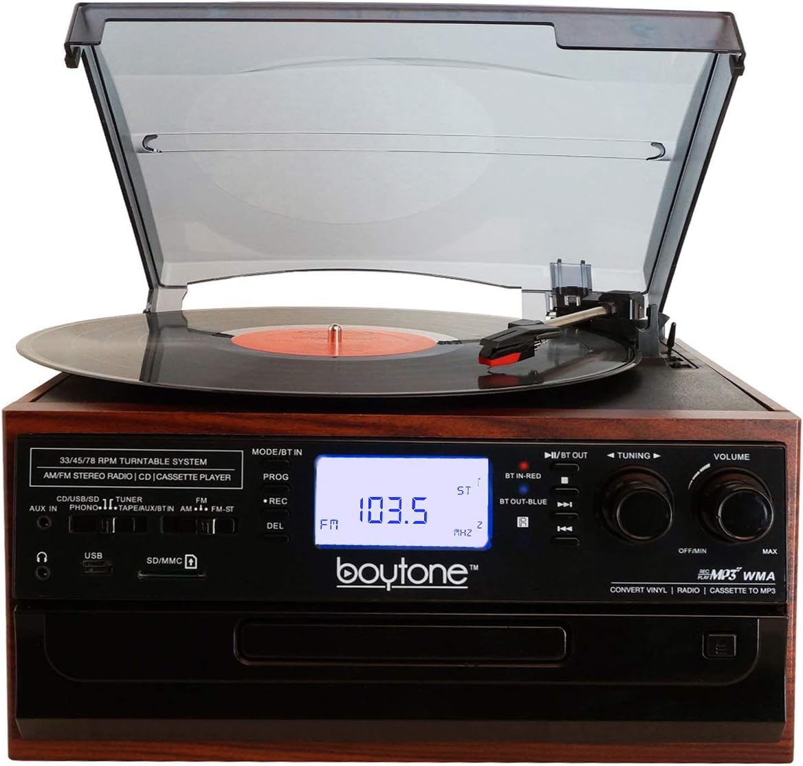 Bluetooth Record Player Turntable with AM/FM Radio, Cassette, CD Player, 2 Built in Speaker, SD Slot, USB, AUX A5560