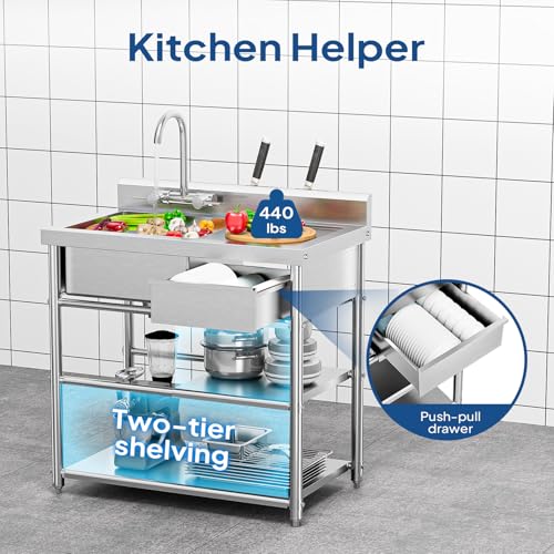 Stainless Steel Freestanding Utility Sink with Workbench Drawer W282429