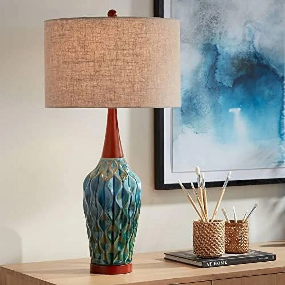 Mid Century Modern Table Lamp 30" Tall White Ceramic Wooden Neck Fabric Drum Shade S124