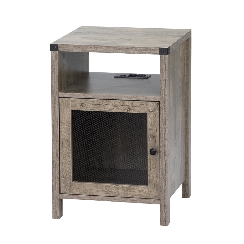 Farmhouse Nightstand with Power Outlets, USB Ports, Cabinet, Storage Shelf N59726