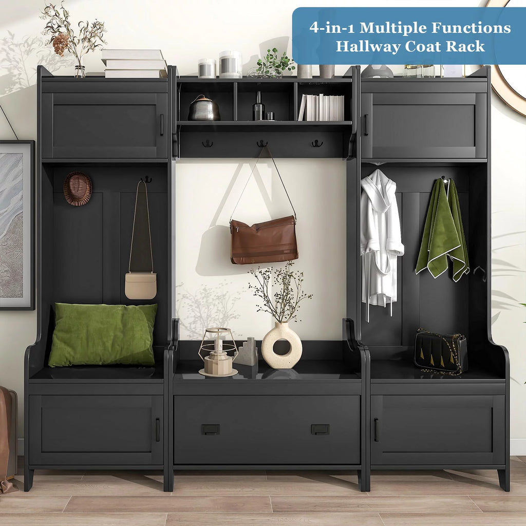 Black Hall Tree with Bench and Shoe Storage V1101