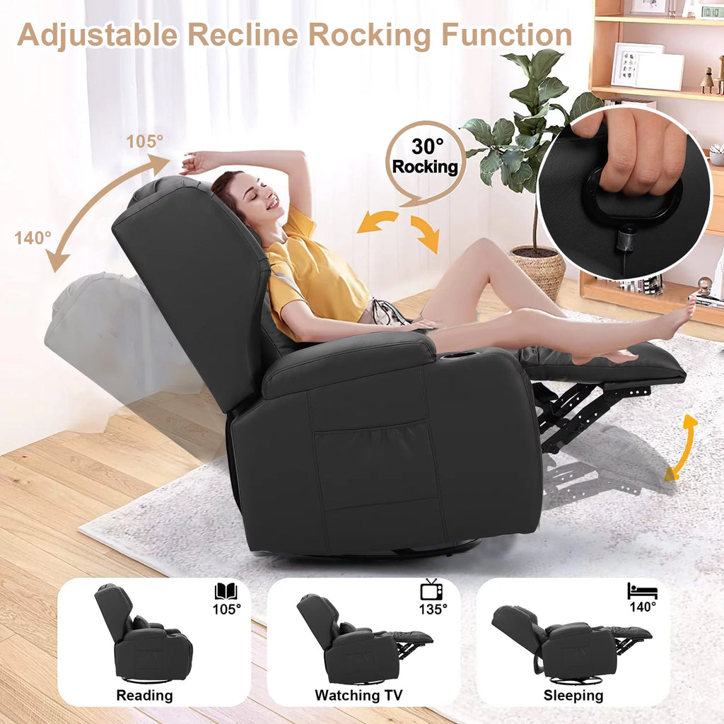 Faux Leather Swivel Rocker Recliner Chair with Cup Holder C9210