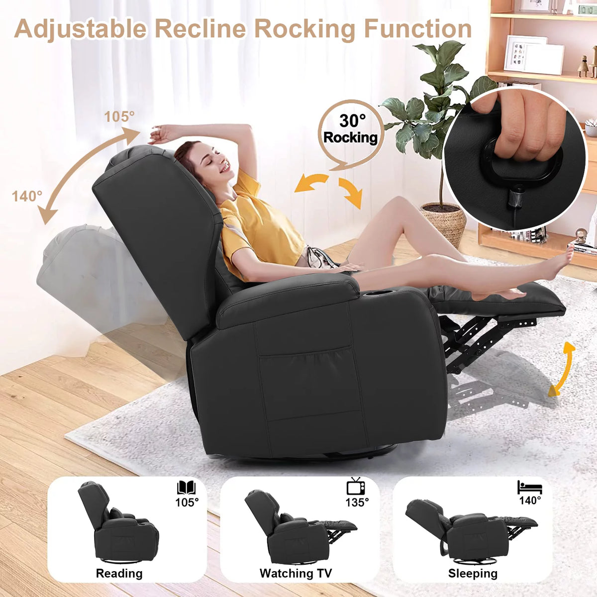Faux Leather Swivel Rocker Recliner Chair with Cup Holder C9210