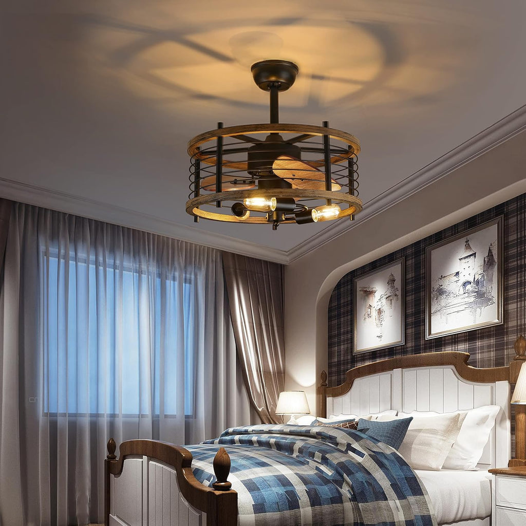 20-inch Caged Ceiling Fan with Light, Reversible, Remote, Bladeless E289
