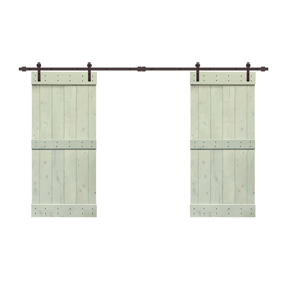 Sage Green Stained Solid Pine Wood Interior Double Sliding Barn Door with Hardware Kit W148531