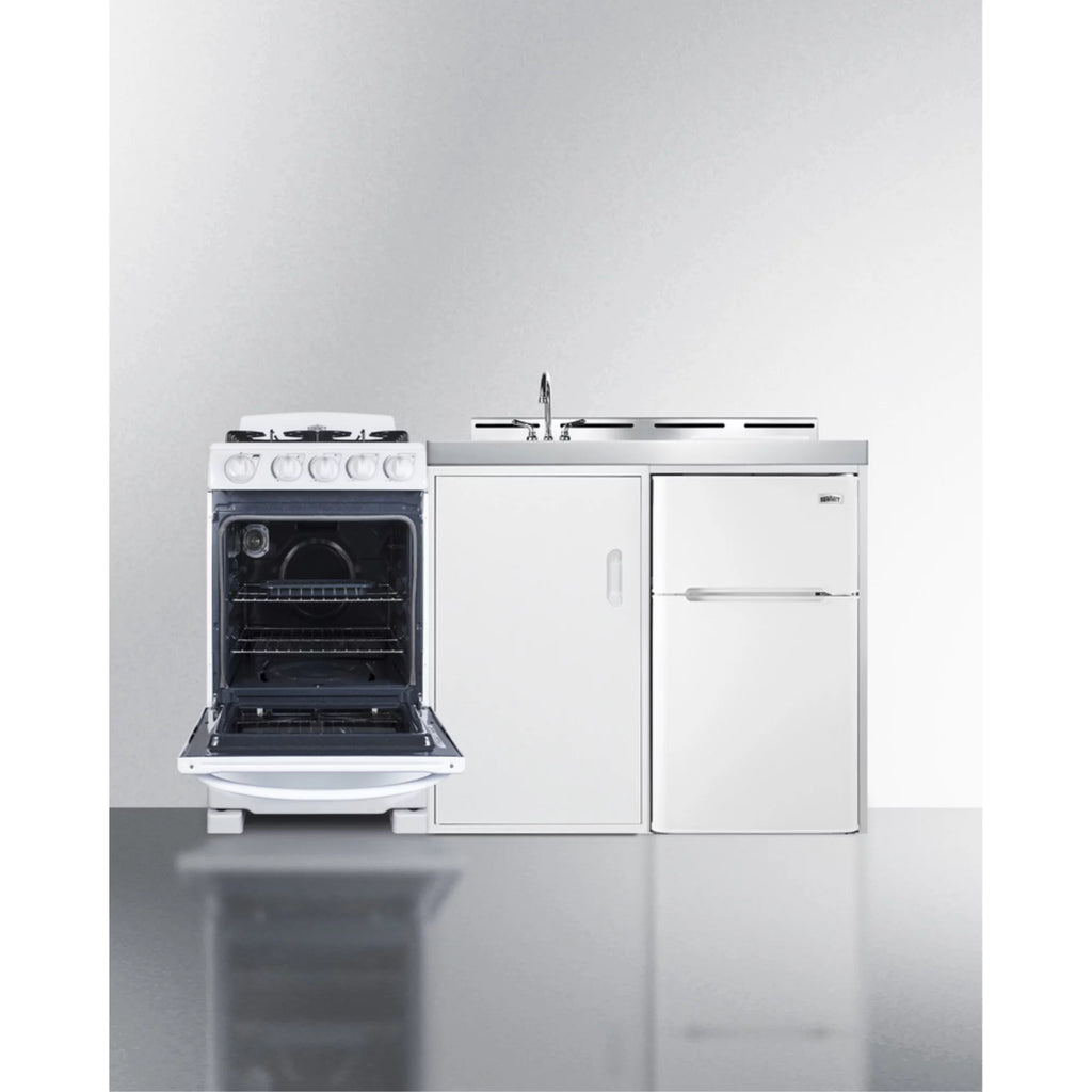 Combination Kitchenette with Refrigerator-Freezer, Sink, Storage Cabinet, and Gas Range U99424