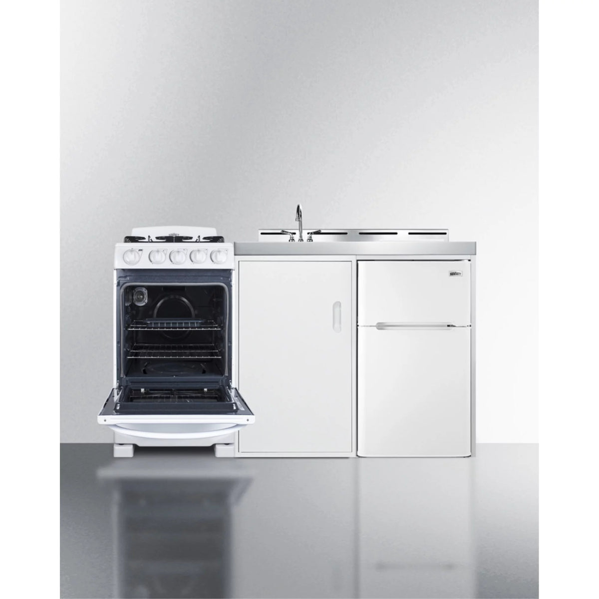 Combination Kitchenette with Refrigerator-Freezer, Sink, Storage Cabinet, and Gas Range U99424