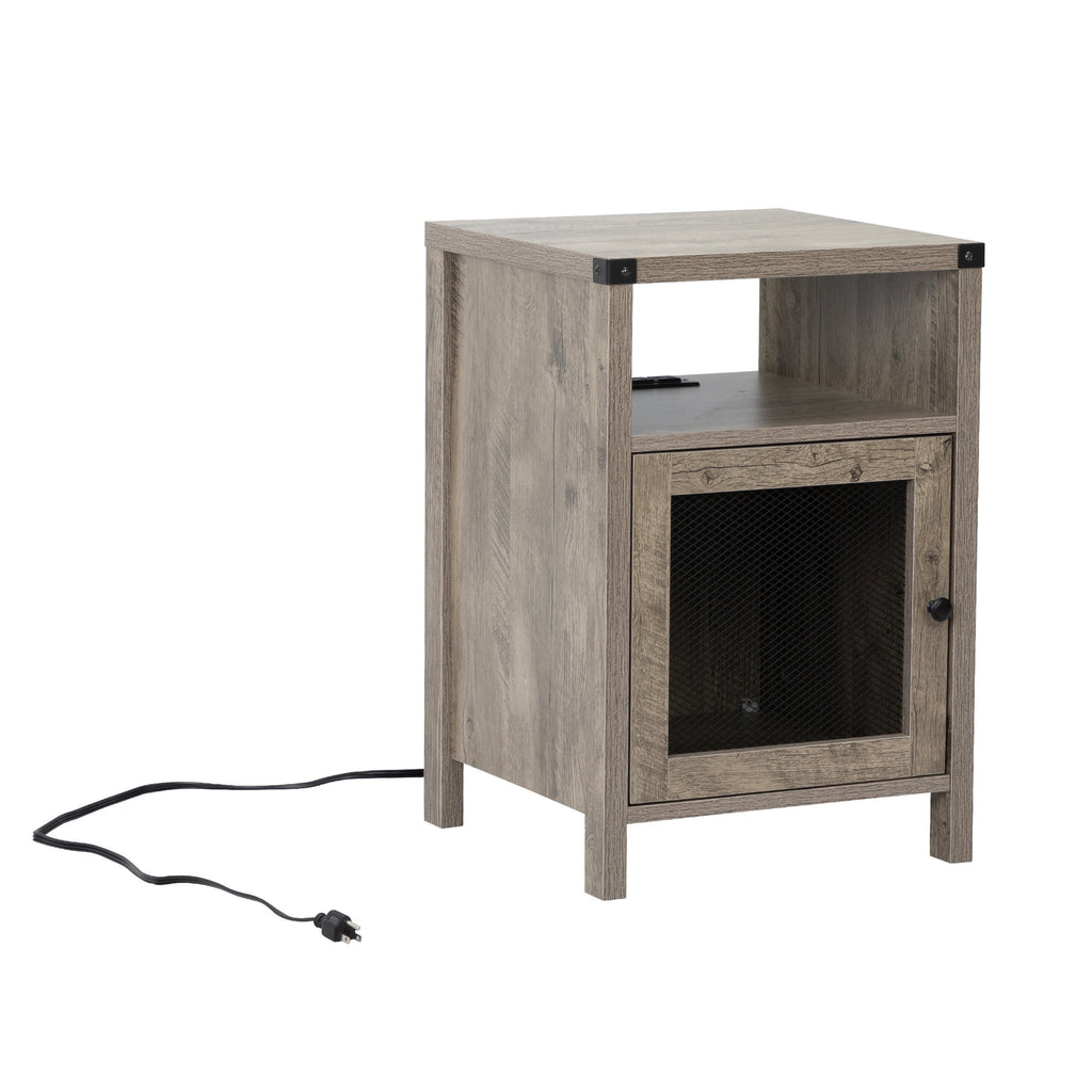 Farmhouse Nightstand with Power Outlets, USB Ports, Cabinet, Storage Shelf N59726
